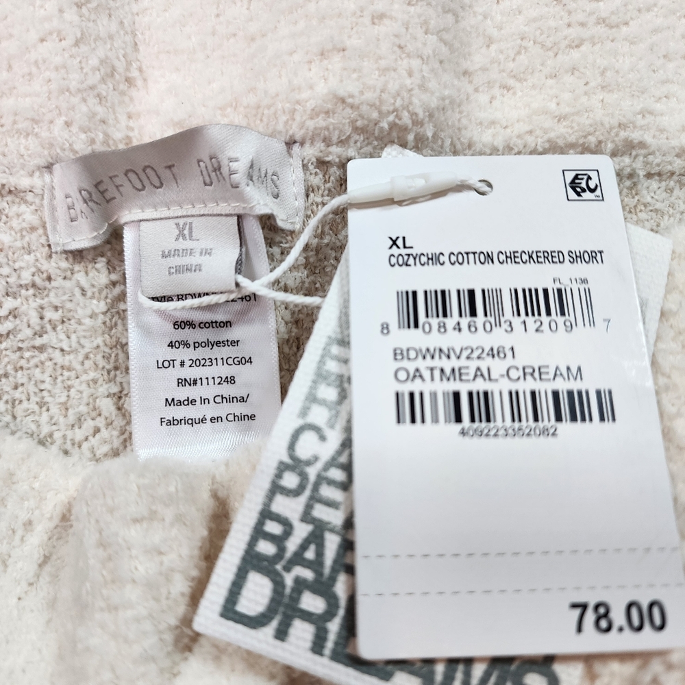 NWT BAREFOOT DREAMS 2 Pc CozyChic Oatmeal Cream Checkered Top Short Set XL - Picture 4 of 14
